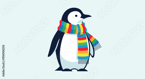 A charming cartoon penguin, depicted standing upright with its head slightly turned, accessorized with a vibrant and colorful rainbow-striped scarf, against a plain light blue background.