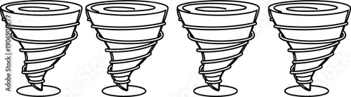 Tornado silhouettes collection, swirling storm artwork, weather phenomenon illustration, powerful wind symbol, atmospheric energy artwork, flat vector illustration