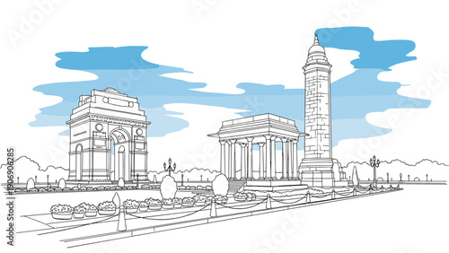 Line art of iconic monuments with blue sky background: india gate, temple, tower