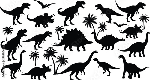 Black silhouette illustrations of dinosaurs including , Brachiosaurus, and Pterosaurs with palm trees, perfect for prehistoric, educational, and vector artwork projects.