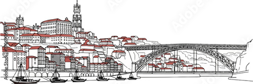 Historic riverside cityscape with iconic bridge and traditional boats