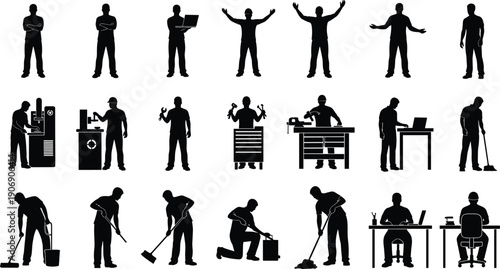 Black silhouette illustrations of diverse workers in industrial, maintenance, and cleaning roles, perfect for workplace design, labor concepts, vector art, and occupational projects.