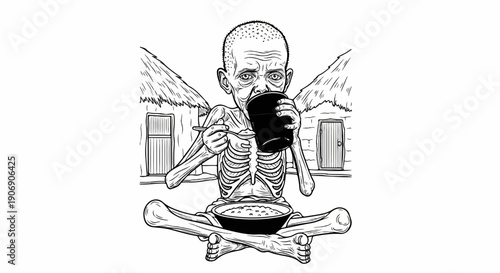 Gaunt figure with exposed ribs and skull-like face eats from bowl