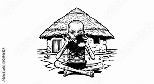 Gaunt figure in skeletal state sits cross-legged, eating a meager meal