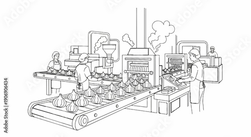 Garlic bulbs processed on an assembly line by workers in a food factory