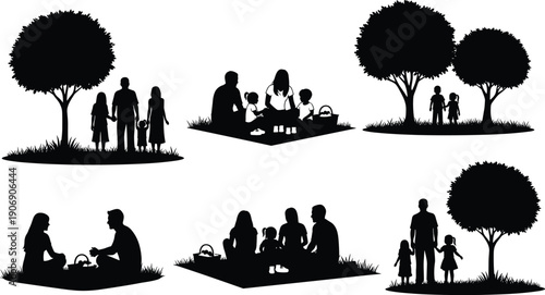 Black silhouette illustrations of families enjoying outdoor picnic activities in park settings, perfect for designs about bonding, leisure, recreation, nature appreciation, and celebration projects.