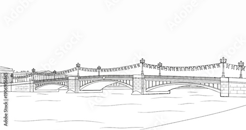 Line drawing of a decorative bridge spanning a river, with buildings