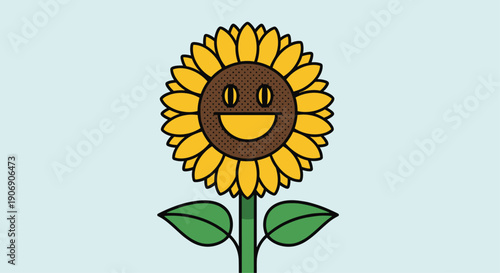 A cheerful sunflower with a broad smiling face, dark speckled center, bright yellow petals, and green leaves on its stem, is vibrantly depicted against a clean light blue background.