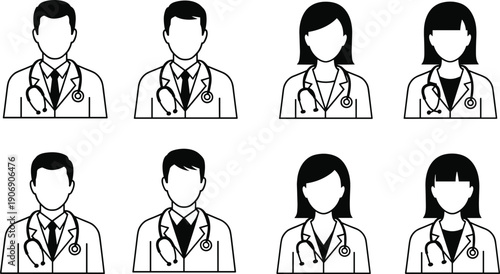 Black-and-white silhouette illustrations of diverse stethoscopes, perfect for healthcare design, medicine concepts, hospital staff artwork, and vector projects.