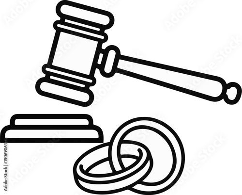 Gavel and rings signify legal dissolution of marriage or divorce proceedings
