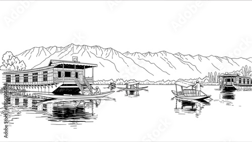 Serene lakeside with houseboats under mountainous landscape in line art style
