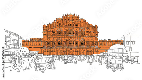 Intricate linear hawa mahal design with urban street scene