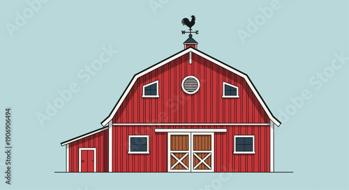 A traditional red barn with a distinct gambrel roof, clean white trim, and a prominent rooster weathervane atop its peak is depicted against a serene light blue background.