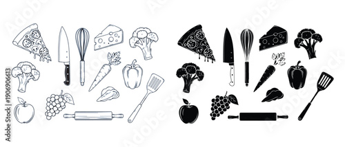 Kitchen utensils and food ingredients illustrations for cooking design