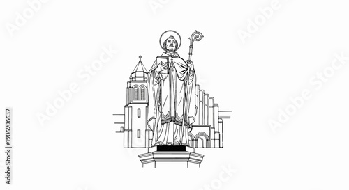 Line art depicts a robed, haloed figure holding a book and staff before a complex architectural background