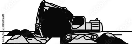 Heavy construction excavator digs into the ground on a site