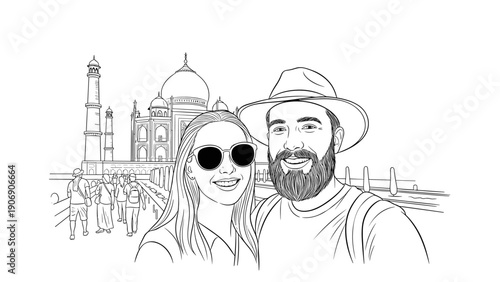 Traveling couple smiling in front of taj mahal in line art style