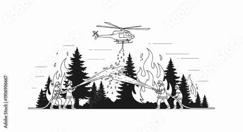 Helicopter and firefighters battle raging forest fire with water