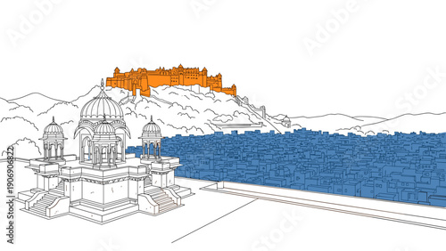 Colorful line art of historic fort and cityscape panorama