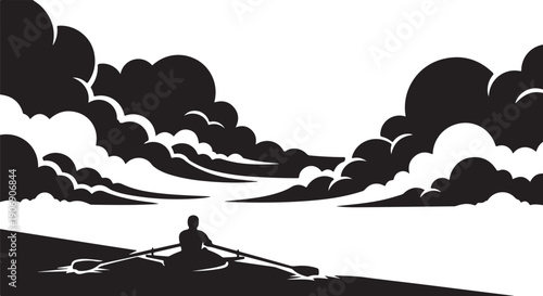 Silhouette of a person rowing a boat under stormy clouds