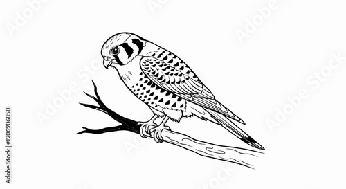 Line drawing of a kestrel perched on a branch