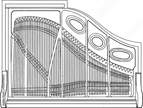 Intricate internal mechanism of a grand piano with numerous strings and tuning pegs