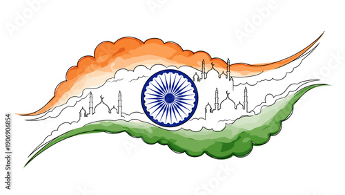 Vibrant watercolor design featuring indian flag with taj mahal silhouette