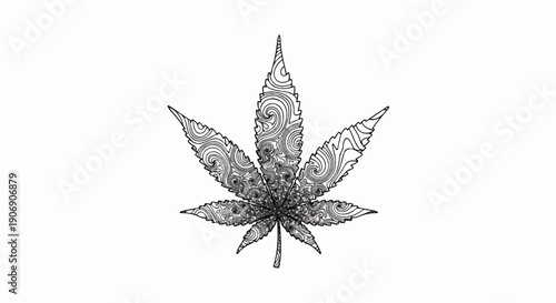 Intricate line art of a cannabis leaf with swirling patterns and dot work