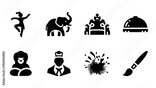 Silhouette icons: dance, elephant, royal throne, restaurant, monument, chef, paint splash, brush
