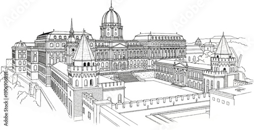 Intricate line drawing of a grand palace with domes and towers