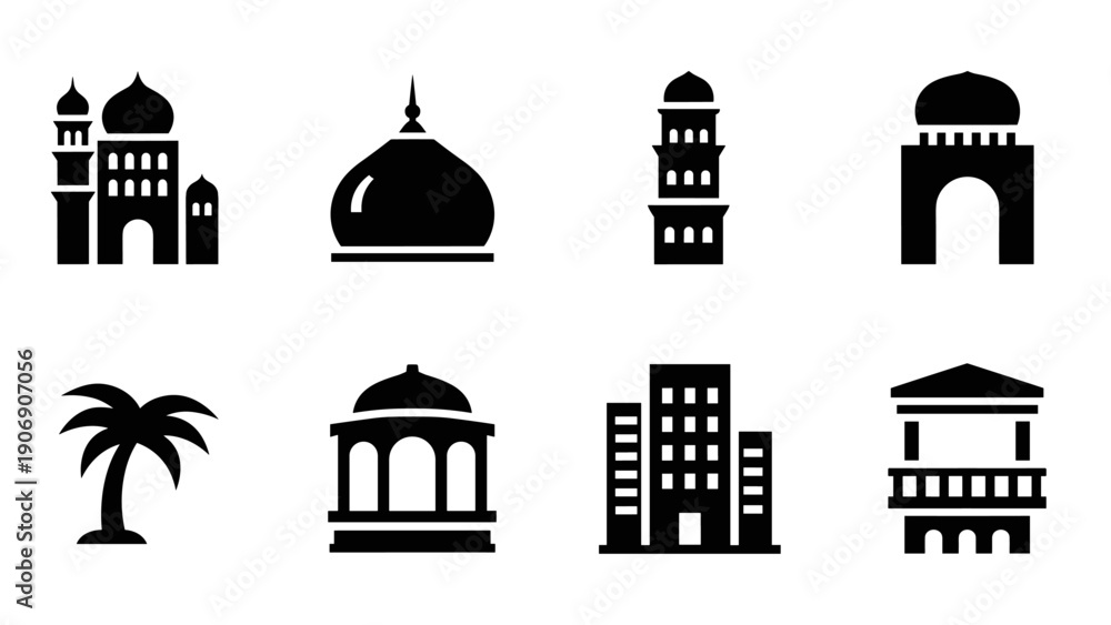 Fototapeta premium Silhouette icons of iconic architecture featuring mosques and arches