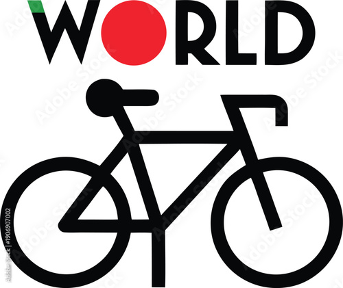 Black Bicycle Silhouette with the Word World and a Red Circle bike text