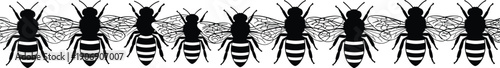 Seamless honey bee border vector illustration, silhouette bumblebee pattern, decorative insect line art for nature background, organic honey packaging design, black and white