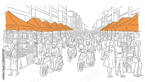Busy outdoor market scene with orange tents and crowd in urban setting