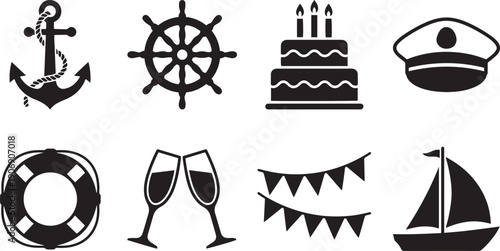 Nautical Celebration: A collection of nautical-themed icons, including an anchor, ship wheel, cake, hat, lifebuoy, champagne glasses, bunting, and sailboat. A celebratory scene with nautical elements.