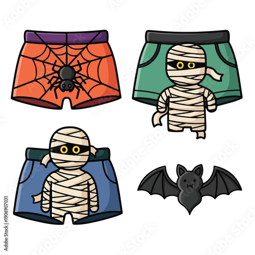 Halloween-themed swimwear designs featuring mummies, spider, and bat illustrations on colorful shorts