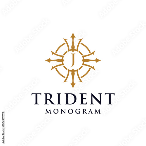 Initial Letter J Circular Trident Neptune God Poseidon King Logo Design Vector Template