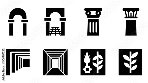 Architectural symbol collection: minimalist icons of classical columns and arches