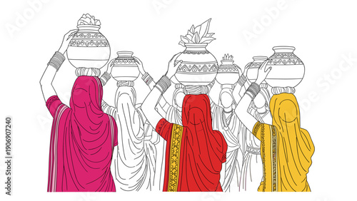 Women in traditional attire carrying pots in vibrant line art