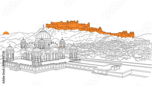 Urban landscape with historic fort and modern cityscape in linear style