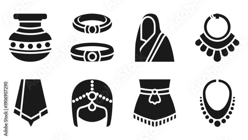 Elegant silhouette icons of traditional jewelry and fashion accessories