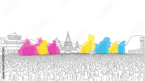 Colorful festival celebration in a historic asian cityscape with crowds and temples