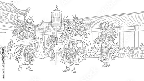 Traditional chinese masked dance performance in ancient courtyard setting