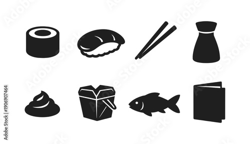 Japanese cuisine icons: sushi, chopsticks, soy sauce, takeout, fish