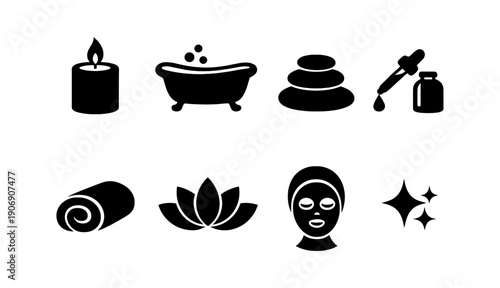 Spa and relaxation icons: candle, bathtub, stones, oil, towel, lotus, mask, sparkles