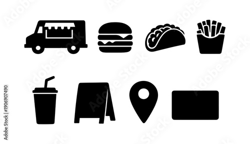 Food truck icons: burger, taco, fries, drink, map pin, menu board silhouettes