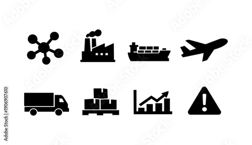 Industry and logistics icons: factory, ship, airplane, truck, graph, warning