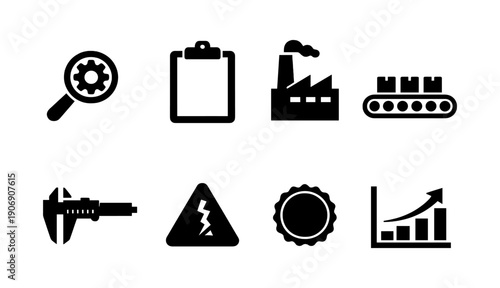 Industrial icons set with magnifying glass, clipboard, factory, conveyor, caliper, warning, gear, chart