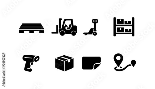 Warehouse icons: pallet, forklift, hand truck, shelving, cctv, package, card, location