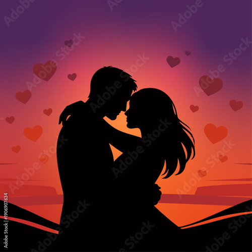 Romantic Couple Embracing Against a Vibrant Sunset with Floating Hearts
